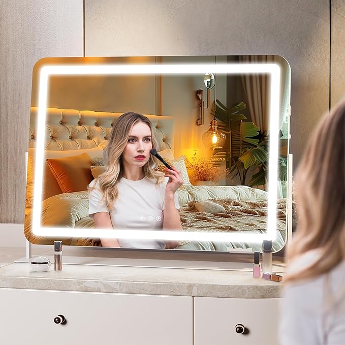 Hasipu Vanity Mirror with Lights, 30" x 21" LED Makeup Mirror, Light up Mirror with 10X Magnification and Phone Holder, USB Charging Port, Smart Touch 3 Colors Dimmable, 360° Rotation (White)