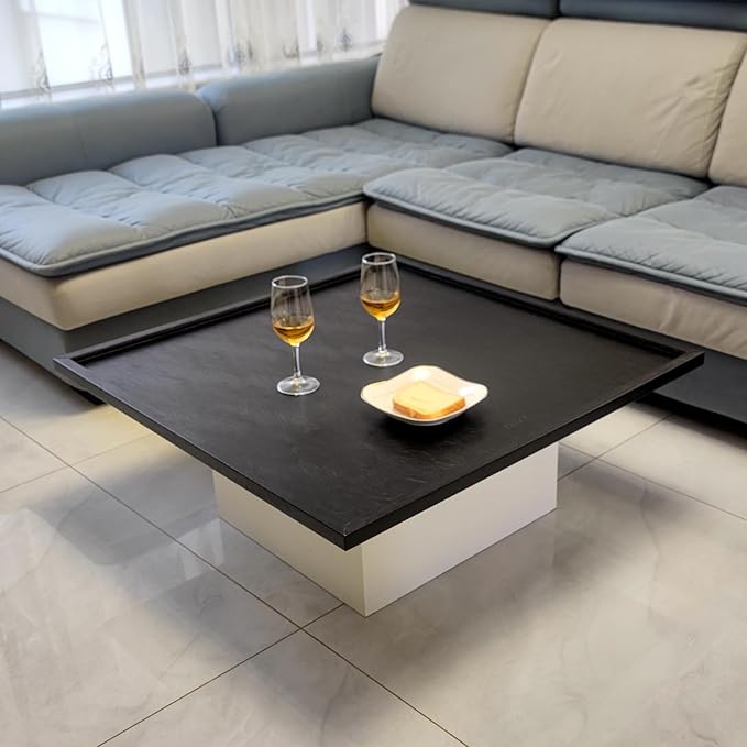 34 * 34 inches Luxury Leather Square Oversized Service Tray, Ottoman & Coffee Tray for Family Dinner, Out-of-House Picnic & Party - Black