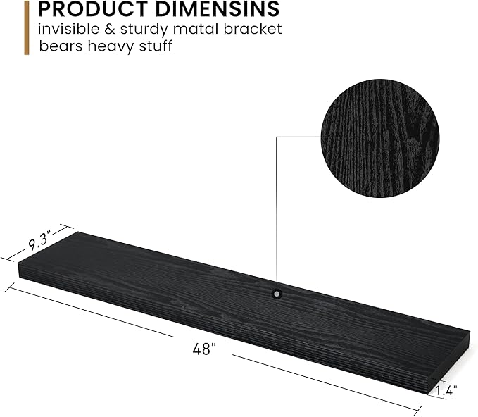 Fun Memories Floating Shelves - 9.3 Inch Deep Wall Shelf for Decor & Storage - Wall Mounted Display Shelving with Invisible Heavy-Duty Metal Bracket - 48" W x 9.3" D x 1.5" H - Set of 1 - Rustic Black