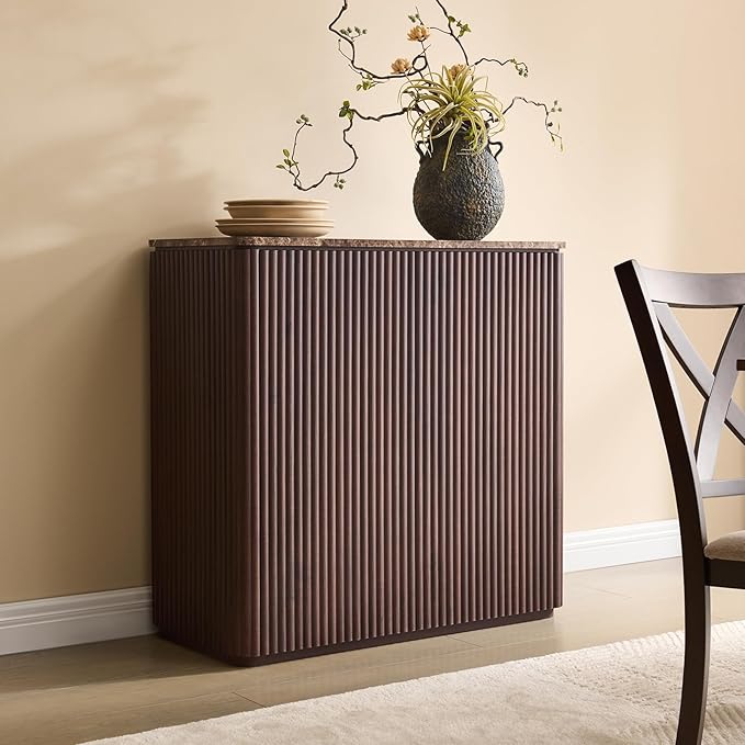 Fluted 2 Doors Sideboard Cabinet with Storage-Wooden Credenza w/Shelves, Faux Marble-Top Coffee Bar Console Table, Modern Buffet Cabinet for Dining, Kitchen, Living Room, Entryway, Dark Oak, 1pcs