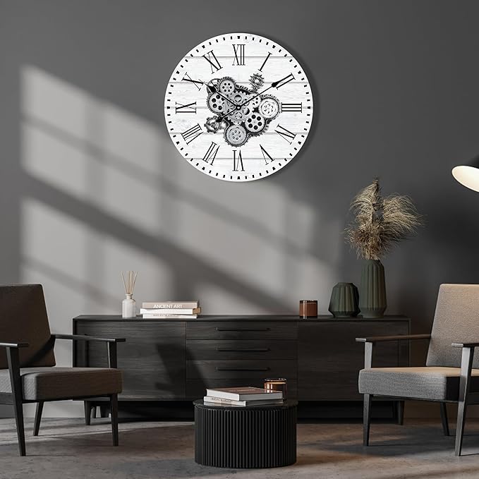 Lafocuse 23 Inch Large Wall Clock with Moving Gears for Living Room, Wooden White Steampunk Gear Clocks with Roman Numerals, Home Decor