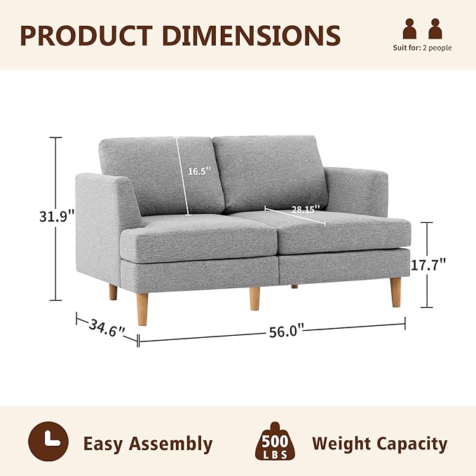 Loveseat Sofa 56" Mid Century Modern Small Couches for Small Spaces Love Seat with 2-Seat Upholstered Cushion Sofa Couches for Bedroom, Living Room, Apartment, Office (Grey)