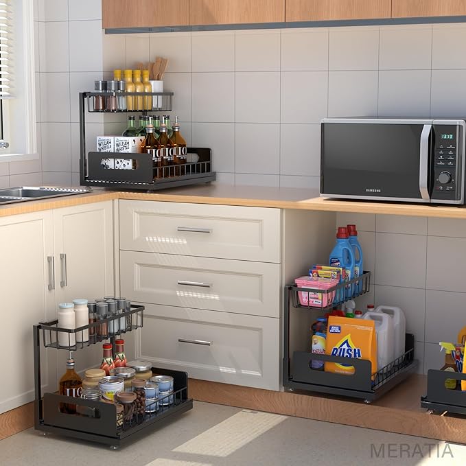 Under Sink Organizer, 2 Tier Pull Out Cabinet Organizer,Slide out Metal Cabinet Organizers Multi-Purpose Drawer Shelf for Kitchen Bathroom Pantry Cabinet Closet Organization Rack,Black