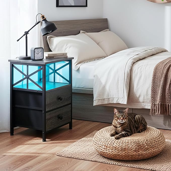 AMHANCIBLE Night Stand Set 2, LED Nightstand with Charging Station, End Tables Living Room with Fabric Drawers, Bedside Table for Bedroom, Dark Grey HET052LDG