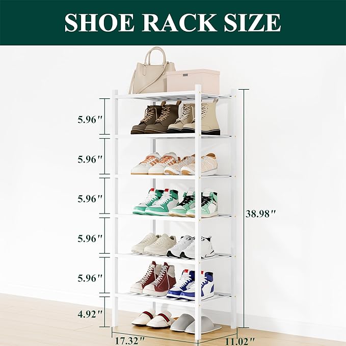 Smiry Shoe Rack, 6 Tier Small Bamboo Shoe Organizer, Stackable Free Standing Wooden Shoe Storage Shelf for Closet, Entryway, Front Door Entrance, White