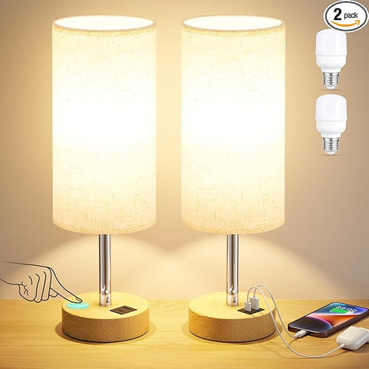 Touch Bedside Lamps Set of 2 - 3 Way Dimmable Table Lamps for Bedroom, Nightstand Lamp with Wooden Charging Station for Kids Room Dorm, Small Desk Lamp for Living Room, Office, Kids Room, Nursery