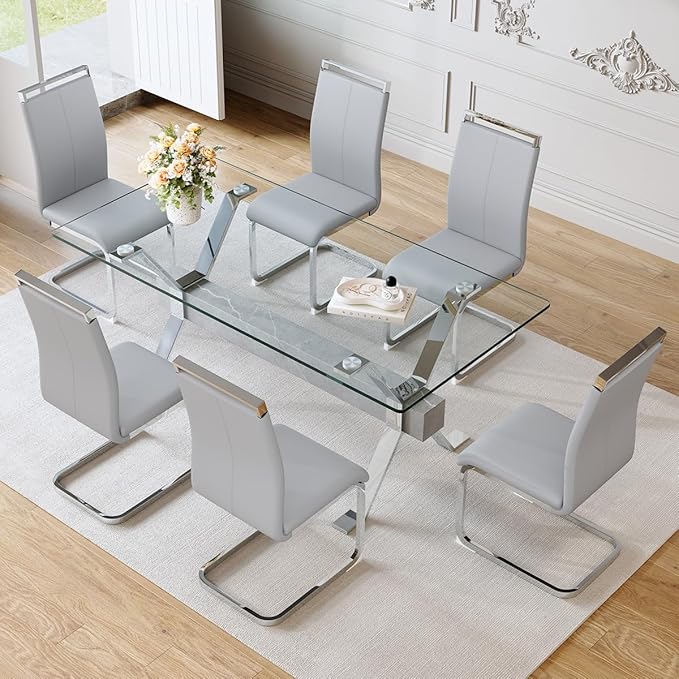 Glass Dining Table 71"｜Modern Dining Table for 6-8｜0.4" Thick Tempered Glass Top｜Chrome Silver Metal Legs｜Grey Crossbar｜Easy Assembly｜Perfect for Dining Room or Kitchen