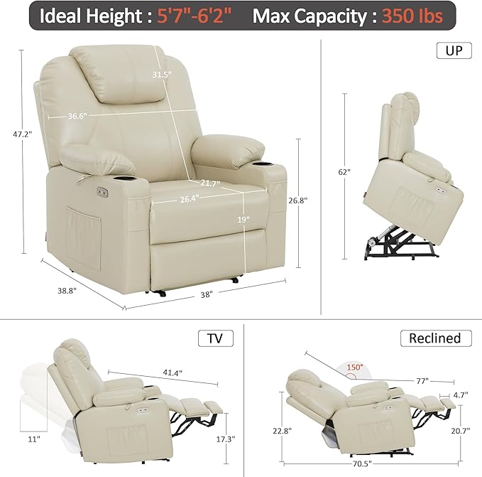 MCombo Oversized Power Lift Recliner Chair for Elderly, Lift Chair with Heat and Massage for Big and Tall, USB&Type C Ports, Cup Holders, Faux Leather R7510 (Cream White, Large-Wide)