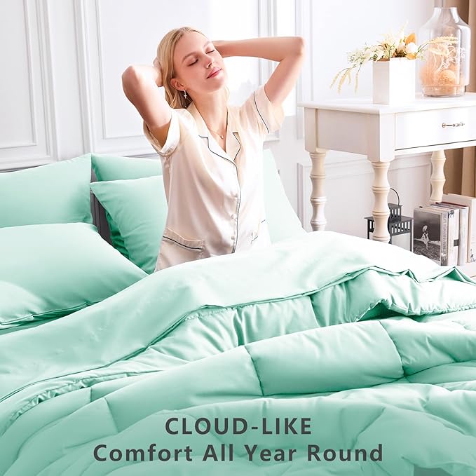 CozyLux King Size Comforter Set Mint Green, 7 Pieces Bed in a Bag, Green Comforter King Size, All Season Bedding Sets with Stitch Quilted Comforter, Flat Sheet, Fitted Sheet, Pillowcases