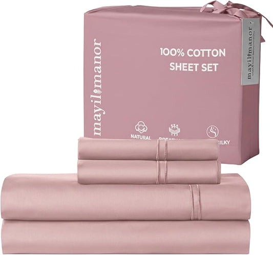 100% Natural Cotton Bed Sheets | 500 TC Single-Ply Sateen Weave Full Size Sheets | Soft, Breathable, Hypoallergenic Solid 4-Piece Bedding with Deep Pocket Fitted, Flat, Pillowcase | Blush