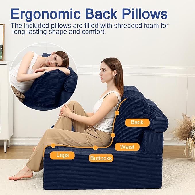 COMAX Convertible Sofa Bed Queen, Folding Floor Couch Corduroy Fold Out Couch Bed Sleeper Mattress with Back Pillows, Boneless Pull Out Loveseat Comfy Futon Lounge for Living Room Bedroom, Navy Blue
