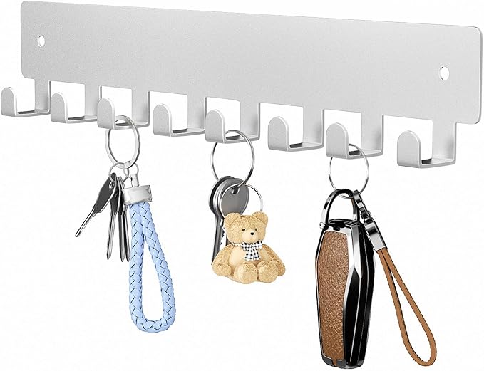 pickpiff Sliver Key Holder for Wall Adhesive, Key Hooks with 8 Hooks, No Drill for Living Room, Kitchen, Office