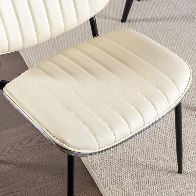 Dining Chairs Set of 8, Mid Century Modern Accent Dining Room and Kitchen Chairs, Upholstered PU Leather Vertical Stripe Chairs for Vanity with Walnut Bentwood and Metal Legs, Beige