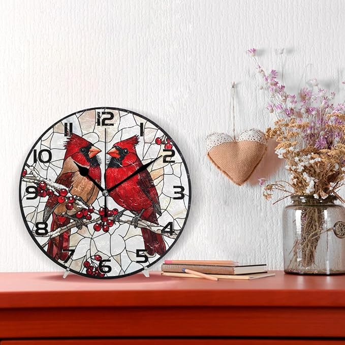 Wall Clocks Decorative Bedroom Silent Living Room Desktop Berry Bird Christmas Tabletop Shelf Clocks Round Battery Operated 10 Inch Non-Ticking