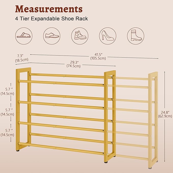 FAVOOSTY 4-Tier Expandable Shoe Rack, Adjustable Shoe Shelf Storage Organizer Space Saving Metal Free Standing Shoe Rack for Entryway Closet Doorway, Gold