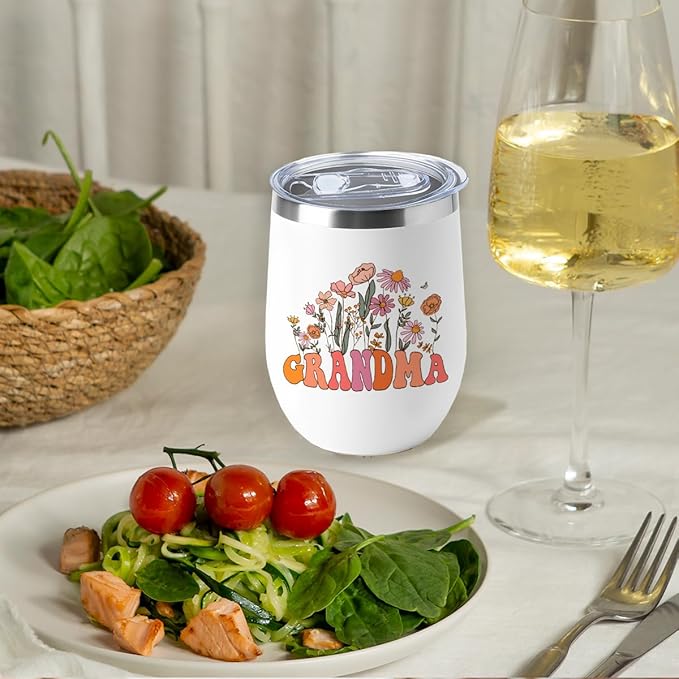 Grandma Gifts Wine Tumbler 12 oz Insulated Wine Glass Cup with Lid Straw Vacuum Travel Cup,Grandma Birthday Gifts Mothers Day Retirement Thank You Gift for Women Friend Mothers Day Christmas
