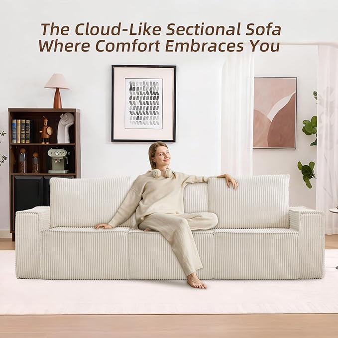 102” Boneless Modular Couch, 3 Seater Cloud Sofa for Living Room, Modern Sectional Sofa with Deep Seat, Comfy Fluffy Loveseat Couch, No Assembly Required, Beige