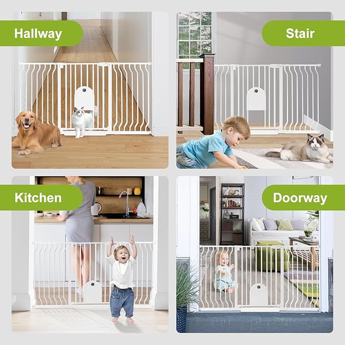 Auto Close 29.5"-62" Safety Metal Dog Extra Wide Pet Gate for Doorway, Stairs, House, Walk Through Child Gate with Pet Door, Includes 4 Wall Cups and 2 Extension Pieces Baby Gate with Door