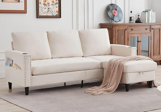 Sectional Couches for Living Room, L Shaped Couch with Storage Ottoman, Small Sofa Comfy Couch with 2 Cup Holders, Modern 3 Seater Convertible Sofas for Apartment, Office, Beige