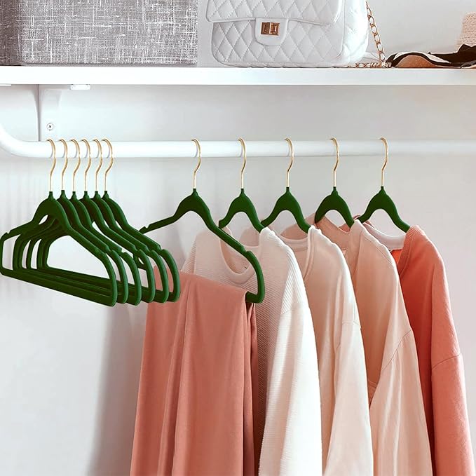 ManGotree Velvet Coat Hangers with 360° Swivel Gold Hook, Non-Slip Felt Suit Hangers, Slim Space Saving Clothes Hanger for Jacket, Sweater, Shirt, Dress, Pants (36 Pack, Green)