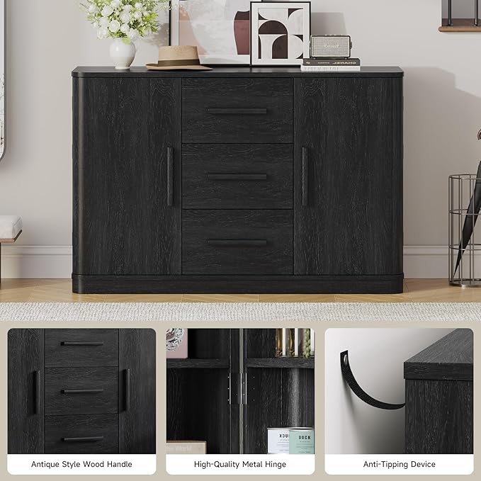 ONBRILL 47" Curved Buffet Cabinet with Storage and 3 Drawers, Large Sideboard Buffet Storage Cabinet with 2 Doors, Modern Coffee Bar Table for Dining Room, Living Room, Entryway (Black)