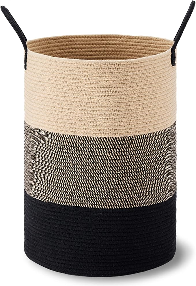 VIPOSCO Large Laundry Hamper, Tall Woven Rope Storage Basket for Blanket, Toys, Dirty Clothes in Living Room, Bathroom, Bedroom - 72L Brown & Black