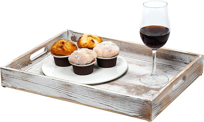 Rustic Distressed Wood Food Breakfast Serving Tray Octagon Serving Tray in Bed with Cutout Carrying Handles Coffee Office Desktop Document Holder Home Kitchen (Washed White)