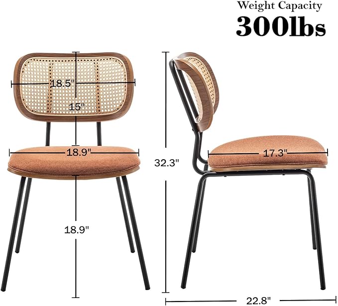 Rattan Dining Chairs Set of 4, Christmas Dining Chairs Mid Century Modern with Cane Back for Kitchen Dining Room, 19 Inch Fabric Orange