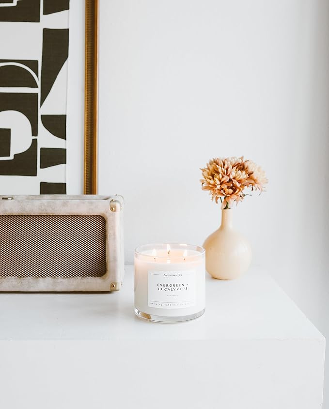 Calyan Wax Co. Evergreen & Eucalyptus 3 Wick Scented Candle - 43 Hour Burn - Luxury 3 Wick Soy Candles - Non Toxic Soy Wax Candles - Long Lasting Large Glass Jar Candle for Home - 14.9oz