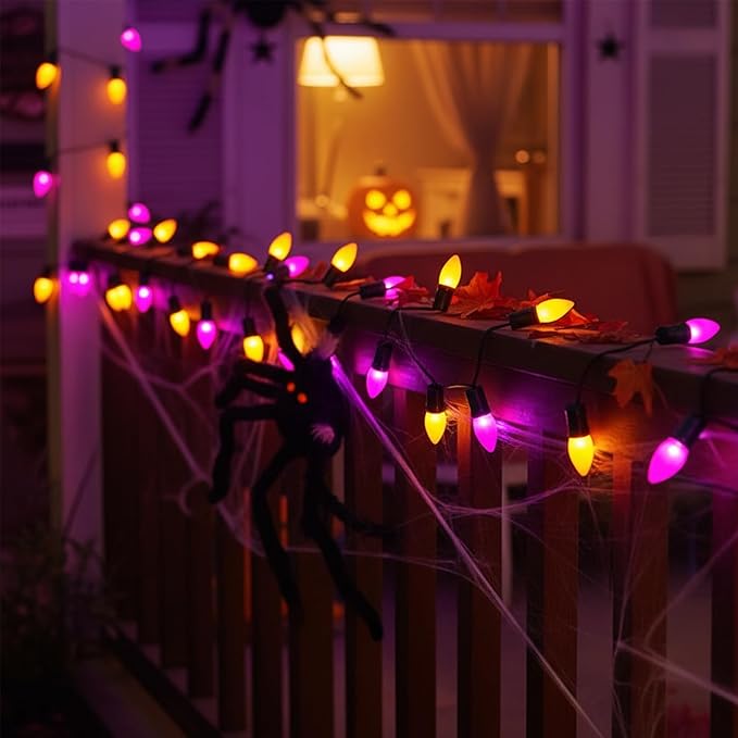 Halloween Purple Orange String Lights Outdoor 25Ft, 25 C7 LED Purple Orange Bulbs with 2 Spare, Connectable Waterproof Patio Porch Yard Fence Pathway Lights for Haunted House Party Decorations
