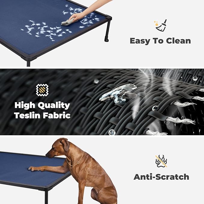 Veehoo Chewproof Elevated Dog Bed - Cooling Raised Pet Cot, Breathable Mesh, Washable & Non-Slip for Large Dogs, Indoor/Outdoor, Blue Mat and Black Frame, 42x30inches (Model CWC2203A03)