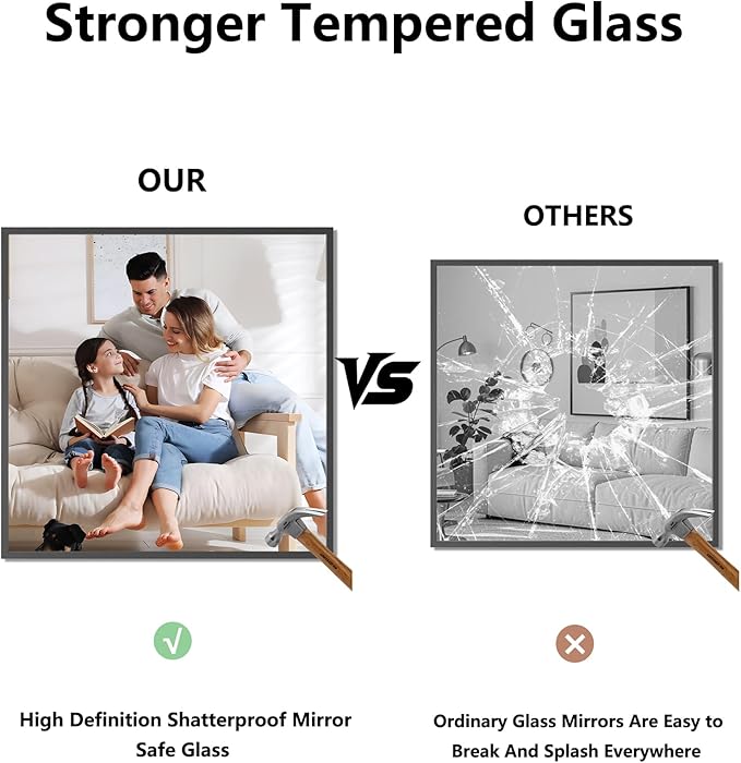 Koonmi Bathroom Mirror for Wall, 30"x30" Black Bathroom Mirror for Over Sink, Shatterproof Tempered Glass Vanity Mirror with Anti-Rust Aluminum Alloy Frame, Hang Horizontally or Vertically