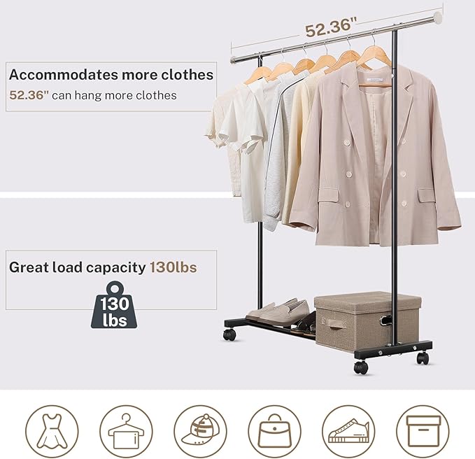Clothes Rack, 130LB Capacity Heavy Duty Clothing Rack with Wheels and Bottom Shelf, 52.17 Inch Rolling Racks for Hanging Clothes, Coats, Shirts, Sweaters, Skirts, Dress, Black
