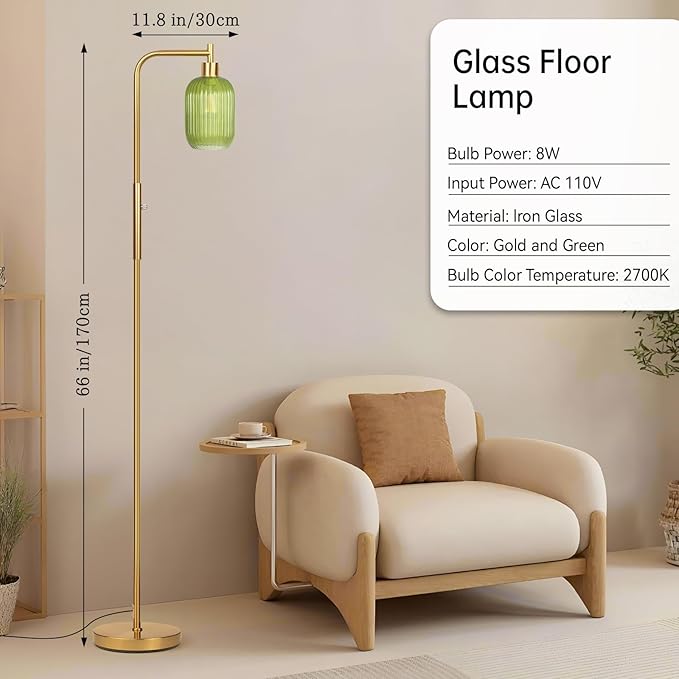 Glass Floor Lamp for Living Room, Dimmer Standing Lamp with Green Ribbed Lampshade,66” Tall Lamp & Gold Floor Lamp for Bedroom Study Room,Brushed Gold (Green)