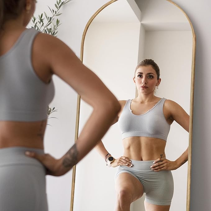 Arched 26x71 Inch Full Length Mirrors Aluminium Frame in Classic Natural Wood Looking Free Standing Floor Mirror Full Body Wall Mounted for Bedroom Living Room and Hallway