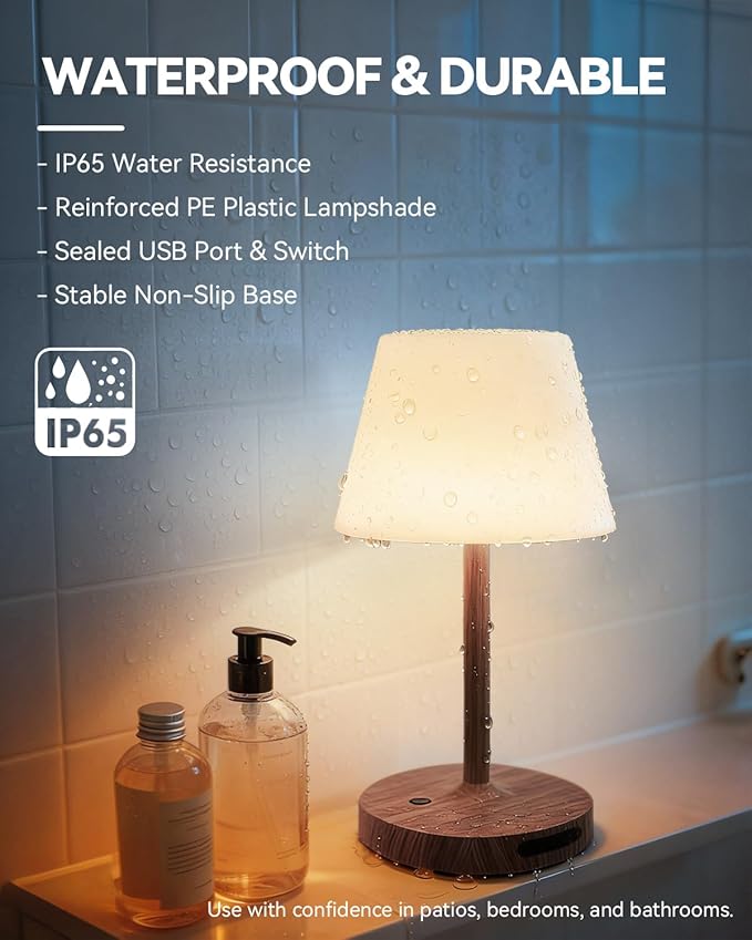 Outdoor Waterproof Shower Lamp, 5200mAh Cordless Rechargeable Table Lamp with Touch Dimming, IP65 Wireless LED Night Light for Patio, Camping, Bathroom, Restaurant & Kitchen (Dark Walnut)