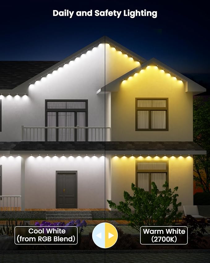 Gefolly Permanent Outdoor Lights Pro, 200ft with 120 RGBW Double-LED Light 111 Scene Modes for Daily, Halloween, Christmas, IP67 Waterproof for Outdoor Decor, Works with Alexa, Google Assistant, White