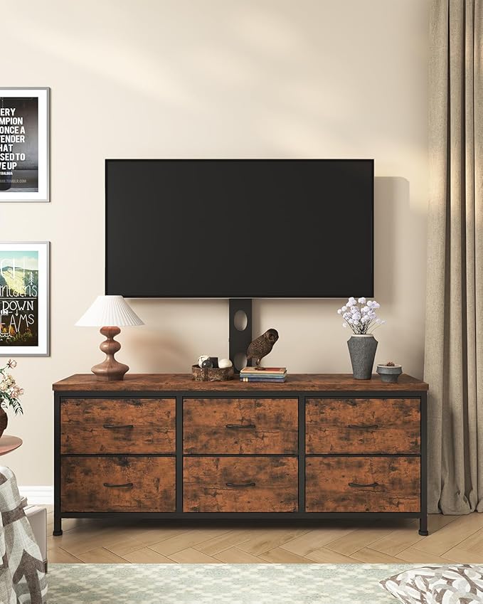 TV Stand with Mount, Fabric Dresser with 6 Drawers for 32/45/55/60/65/75 inch TVs, Dresser Entertainment Center, Modern Media TV Console Table