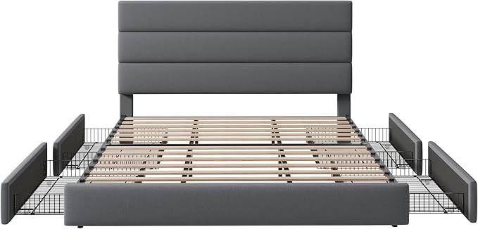 Allewie Modern King Size Platform Bed Frame with 4 Storage Drawers and Velvet Upholstered Headboard, Wooden Slats Support, Upholstered Mattress Foundation/No Box Spring Needed/Easy Assembly, Grey