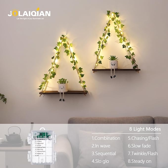 Floating Shelves for Wall, Hanging Shelves with Artificial Ivy LED String Light, No Drilling Hanging Shelf, Wood Hanging Plant Shelves for Wall Décor, Boho Decor, Art Bedroom, Set of 2