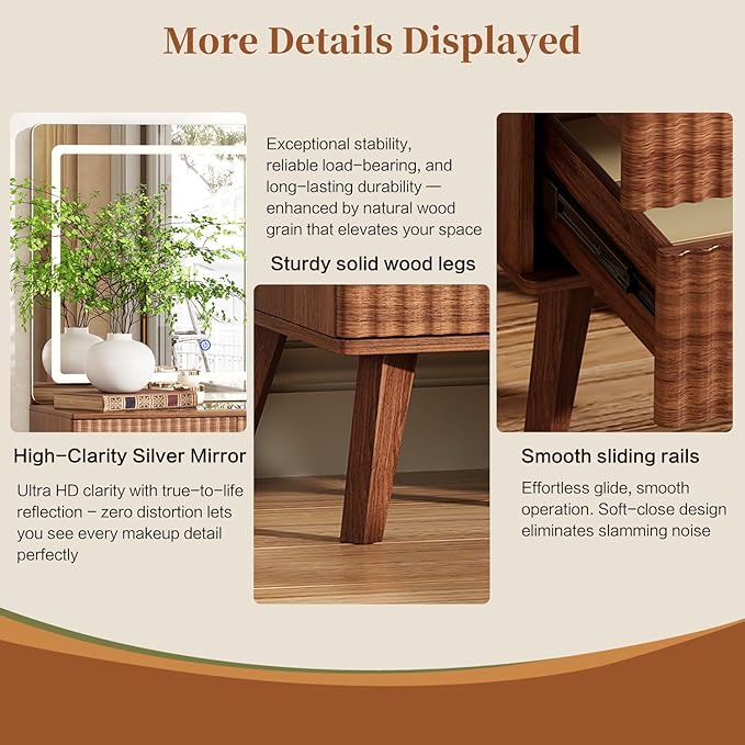 Large Makeup Vanity Desk with Mirror and Lights, Vanity Desk with 6 Drawers & Storage Shelves, Vanity Table with Power Outlet, 3 Color Modes & Adjustable Brightness Dressing Table, Bedroom,Walnut1