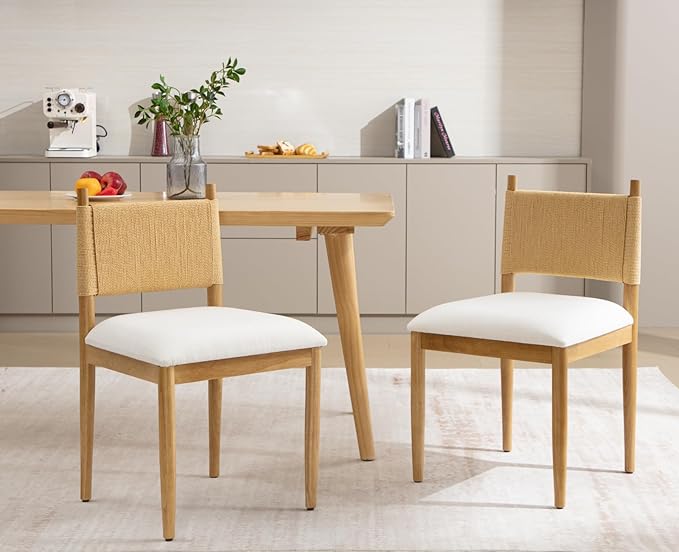 CIMOTA Modern Dining Chairs Set of 2, Mid Century Upholstered Dining Room Chairs with Woven Back, Armless Kitchen Chairs with Natural Solid Wood Legs, Linen Beige