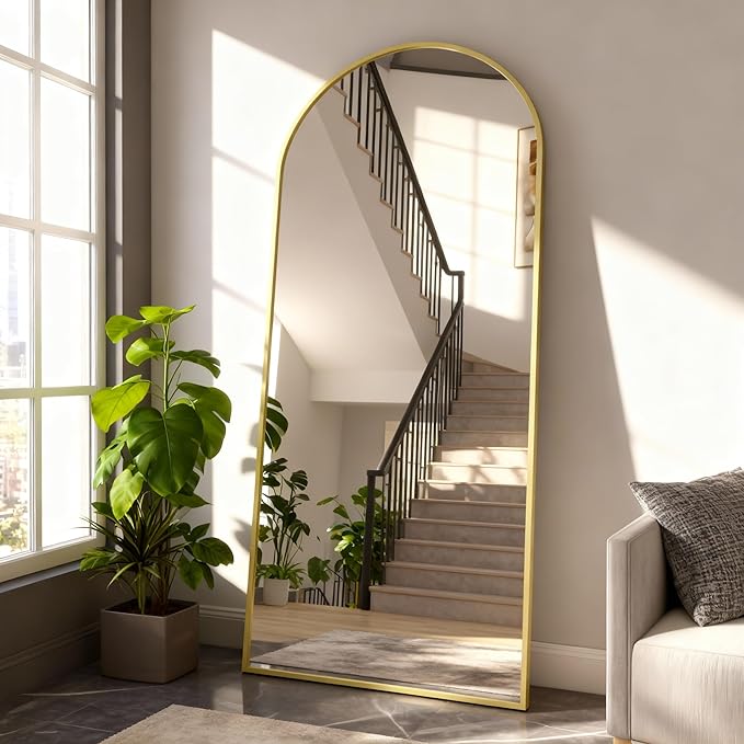 Arched Full Length Mirror, 71" L x 32" W Floor Mirror, Aluminum Alloy Frame, Shatterproof Glass - Free Standing, Leaning or Wall Mounted for Bedroom, Living Room, Entryway, Modern Home (Gold)