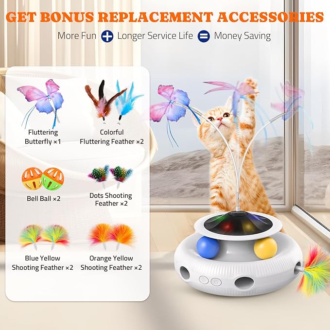Pawtners Interactive Cat Toy: 4 in 1 Automatic Interactive Kitten Toys for Indoor Cats Rechargeable with Fluttering Butterfly, Track Balls and Ambush Feather