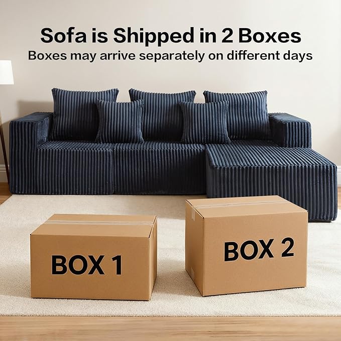 Boneless Sectional Sofa, 100.7" Cloud Couch with Wide-Wale Corduroy, Deep Seat L Shaped Couch, All-Foam Filled Compressed Sofa for Living Room (Black, Corduroy)