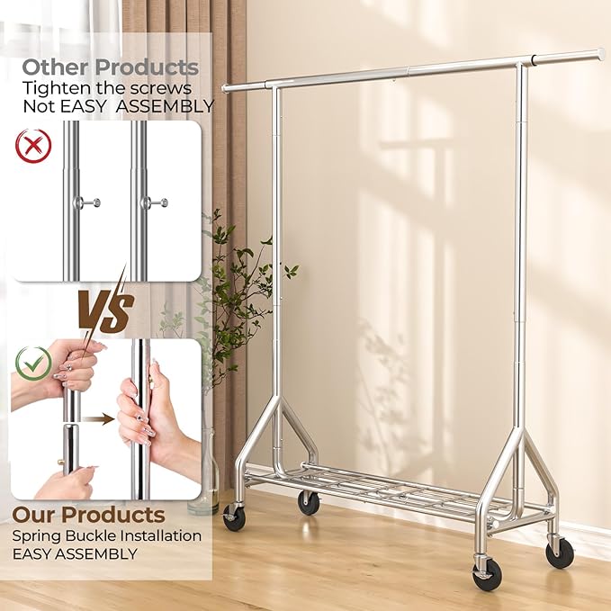 Heavy Duty Clothes Rack Load 450 LBS, Metal Garment Rack, Standing Rolling Clothing Rack for Hanging Clothes with Sturdy Wheels & Shelves, Portable Closet Wardrobe Rack,Sliver