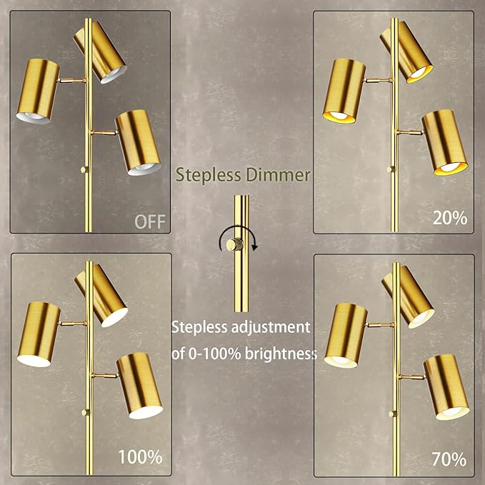Tree Floor Lamp for Living Room,Stepless Dimmable Gold Standing Tall Pole Lamp with 3 Bulbs,Modern Reading Floor Lamp for Living Room Bedroom Office,9W E26 LED Bulbs Includeds (Gold-Dimmable)