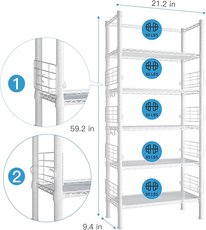 FUTASSI Metal Storage Rack, Storage Organizer Shelves for Kitchen, Bathroom, Living Room, Balcony and Garage, 5 Tiers Narrow Bookshelf, 21.2" W x 9.4" D x 59.2" H, Load 400lbs, White