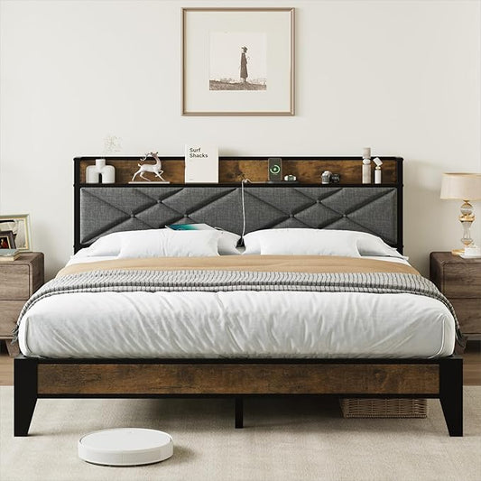 IDEALHOUSE King Size Bed Frame with Storage Headboard, Platform Bed with Charging Station, Solid Metal Bed Frame, No Box Spring Needed, Easy Assembly