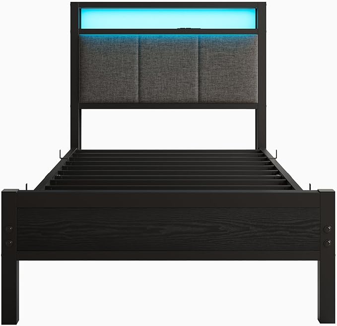 Twin Bed Frame with Charging Station and LED Lights,Upholstered Headboard with Storage Shelves,Heavy Duty Metal Slats, No Box Spring Needed,Noise Free, Easy Assembly,Black and Dark Grey